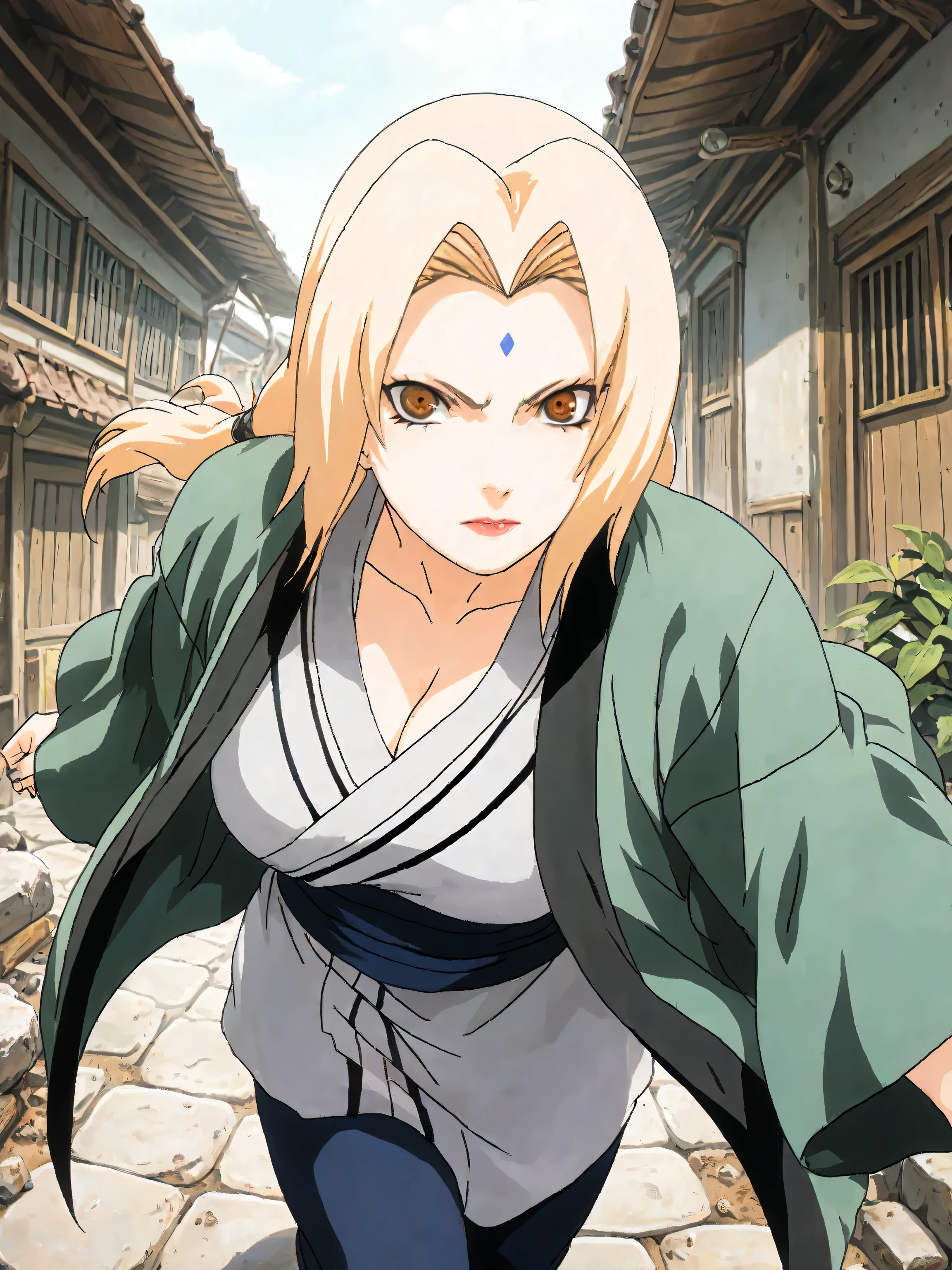 1girl, solo, tsunade, beautiful woman, mature woman, green haori, dark bluish-grey pants, brown eyes, highly detailed eyes, expressive eyes, natural eye shape, iris with visible details, anatomically correct, super detailed, high details, intricate details, accurate, dynamic angle, dynamic poses, highres, absurdres, (masterpiece:1.5), (best quality:1.2), amazing quality, 4k, looking at viewer, various poses, various expressions, konoha, traditional, ninja village, naruto universe, naruto anime setting, outside, walking slowly, village streets, sunlight, noble, dignified, wide streets, lively streets, close up, zoom in, upper body