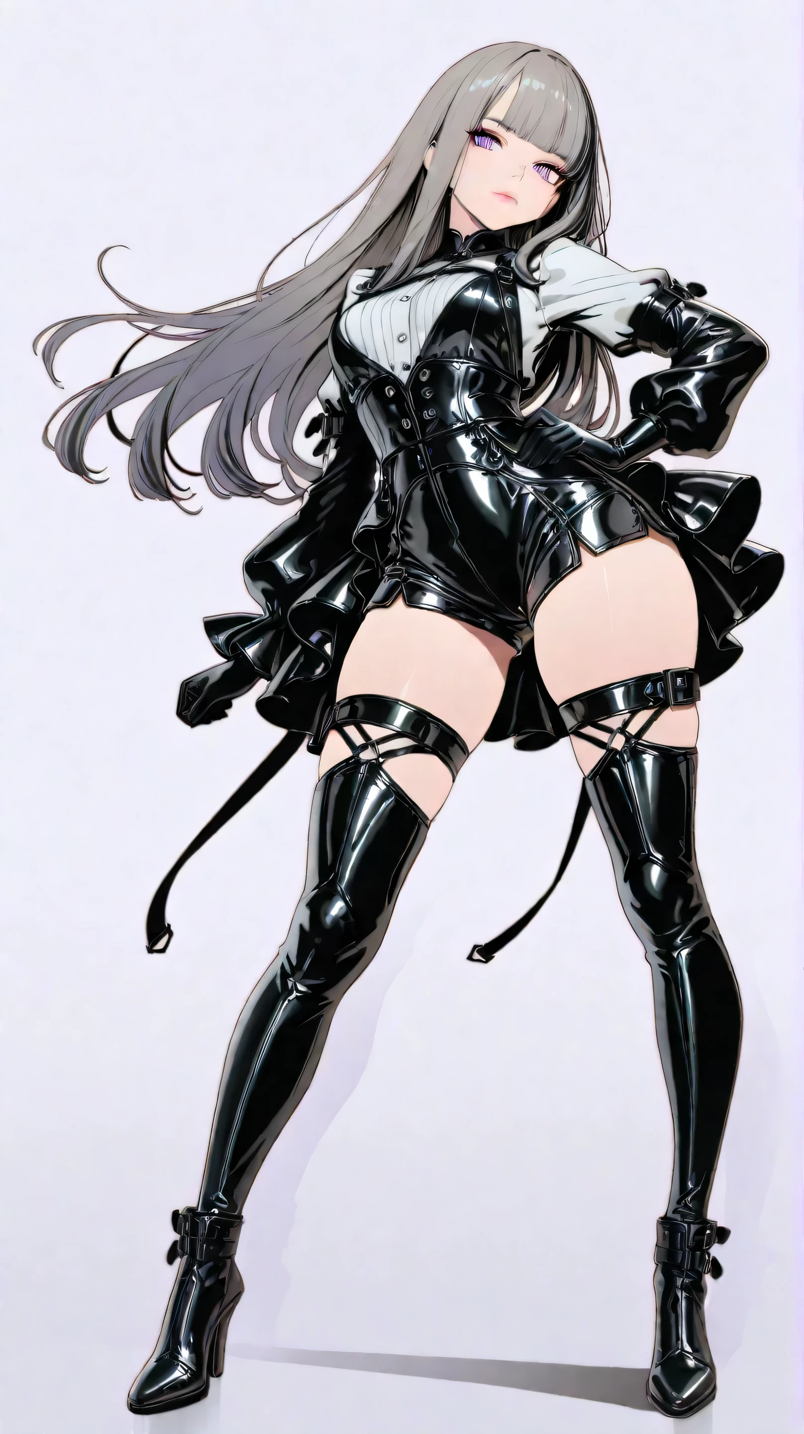masterpiece, best quality, amazing quality, hyper-detailed, newest, 1girl, full body, grey hair, blunt bangs, long hair, sharp eyes, symmetrical eyes, natural eye shape, precise iris texture, high contrast pupils, intricate highlights, shiny reflections, highly refined lines, smooth hair texture, clean line art, sharp linework, latex outfit, dark silver, futuristic, metallic details, sleek silhouette, elegant, confident pose, standing tall with one hand on waist, sharp gaze, lips slightly pursed, cool and mysterious atmosphere, minimal background, subtle light, slight shadows on face, sophisticated, high fashion, elegant, powerful presence, shorts, stylish shorts, high-waisted shorts, modern fashion