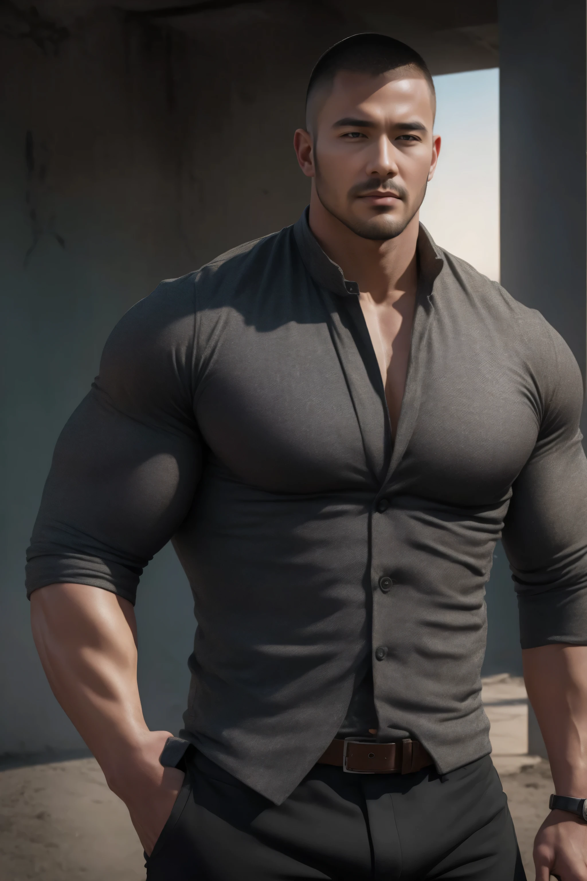 primitive， tmasterpiece， ultra fine photos，best qualtiy， 超高分辨率， realisticlying，1 uncle，aged 40，buzz cut，Short beard，Thick eyebrows，Chubby body，Thick arms， rays of sunshine， full-body portraits， Amazingly handsome，dynamicposes， Chubby face， Vibrant eyes ，Thick hands，Light gray skinny shirt，The neckline is open， Translucent clothes， Sit on a bench， Street side，very highly detailed background， 详细的脸， detailed tidy background， opulent， highdetailskin， Realistic details of skin， Visible Pore， Sharp focus， volume fog， 8K  UHD， digital SLR camera， high high quality， filmgrain， healthy-looking skin， photorealisti， Lomorro， Utopian metropolis of the future， look from down， vast pecs：1.3
