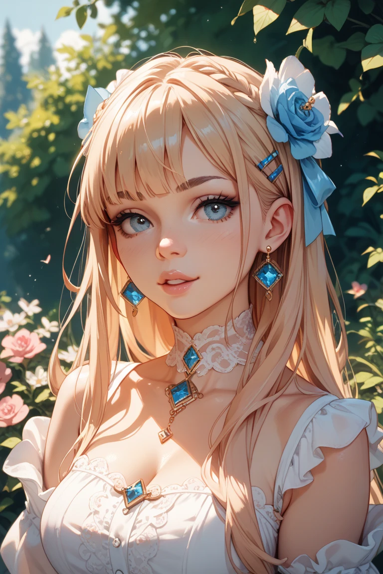 Woman in white dress, artwork in the style of Gwaiz, Gwaiz on pixiv artstation, Gwaiz on artstation pixiv, Gwaiz, Fantasy art style, Gwaiz masterpiece, (Very delicate and beautiful face), (Beautiful eyes in every detail), Beautiful and elegant queen, Beautiful character drawings, Detailed digital anime art, Blonde Princess, Sky blue eyes, Pink Lips