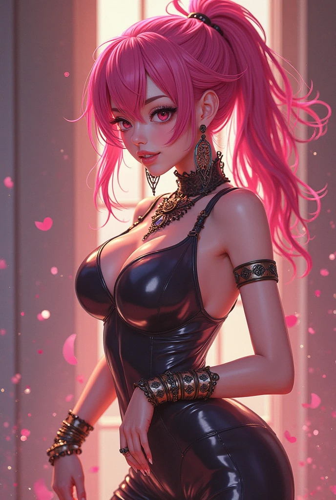 ((1 girl, long and messy pink hair, blue colored eyes, Woman, (((flushed and very hot face))) , various poses , (wide leather choker) muscular female, gold bracelets, ruby earrings)), Fitness, ((standing alone)), (red lipgloss stick), extremely detaild, soft ambient lighting, 4K, perfects eyes, a perfect face, ((very detailed hands and arms)) (perfect lighting),view from behind ((metalhead Woman)), Punk Girl, (((piercing))) tears in the eyes ((pink micro blouse with chains and a sensual neckline)), 36 years old (((well-defined medium breasts))) strapless latex micro doll, pretentious smile, ((toned and well-defined legs)) transparent black leather mini jacket with spikes, open, long sleeves and exposed shoulders, open tummy, micro latex panties with chain straps highlighting her swollen, horny pussy, well drawn and well defined, chain belt in suspender style, high qualiy, 4K, High definition, bom detalhe, ((sexy tattoo)) ((medium bust,)) extremely sexy (((medium, glossy lips))) long, sheer black stockings (fully body) ( fiel ao prompt)