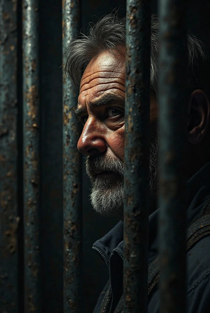 God given hair, inside a cell, venezuela, A bald man with a worn expression stares out from behind the rusted bars of the prison., her face partially illuminated by a dim light in the background.
