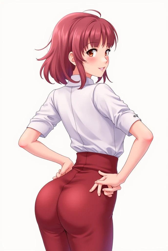 top Quality, masterpiece, ultra detailed, distinct, Beautiful expression, Eyes and faces with detailed, 8k, breath, balance and coordination in all things, (1girl,solo:1.2), standing,, looking back, full body, on back, (riding clothes, riding culottes:1.3), (busty:0.5), mature, curvy, narrow waist, brown_hair, short_hair, green_eyes, hair_between_eyes,, blush,(seductive smile:0.2), close mouth, in hotel, carpet,ass, mutsu_kantaicollection