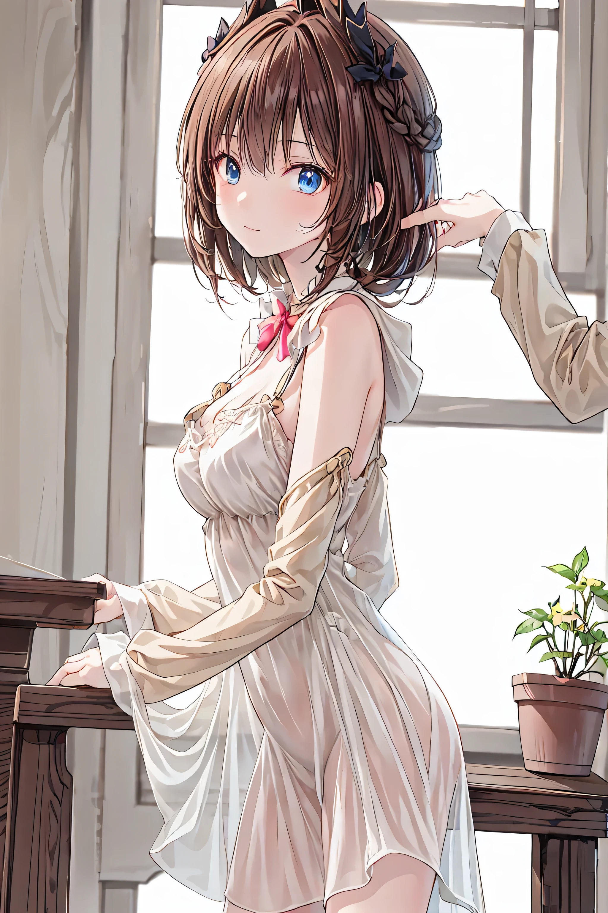 (a closeup、16 K、top-quality、high detailing、rich skin detail、nffsw)、Watch everywhere、obedience、a matural female、very Bigger breasts、Parted bangs、white  leotard、A MILF、brown haired、short-hair、Forehead、blushed、big butts、Raising arms、spreading legs、Out、Torn clothing
