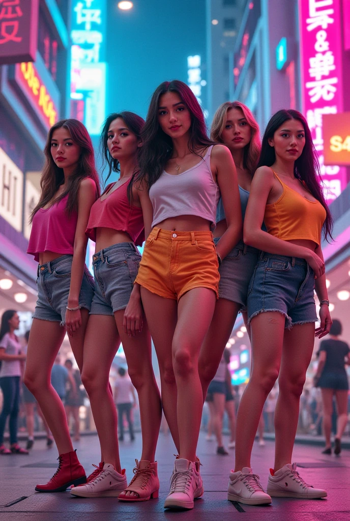 ((We have 4:1.8))、(4 sisters)、gal、(neon street)、(Four tall high school girls with model figures:1.7)、(Standing facing this), (best quality,4k,8k,highres,masterpiece:1.2),ultra-detailed,(realistic,photorealistic,photo-realistic:1.37),portraits,[close up],[women],[group],[short skirts],A close up of a group of women in short skirts, beautiful detailed eyes,beautiful detailed lips,extremely detailed faces,gorgeous makeup,stylish hairstyles,fashionable outfits,sassy poses,confident expressions,city backdrop,vibrant colors,soft lighting,colorful bokeh. ultra-high-quality. ultra detail.
