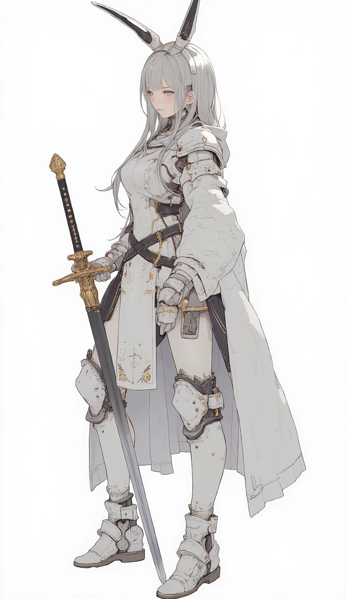A beautiful female android designed like the Princess Knight's armor dress from the fantasy game、profile、wear a ceremonial sword around your waist、White silver coloring、finely decorated ceremony equipment、white background、model body type、clear、A face with a strong will、 silvery long hair、 standing、Gently place your hand on the end of the handle of the sword you wear、Stand with your back turned、