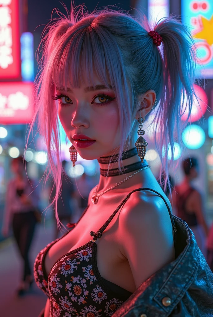 Invisible woman, transparent see-through woman, multi-color hair, bikini, neon lights, cyberpunk, fashion photography, high detail face, nice smile
