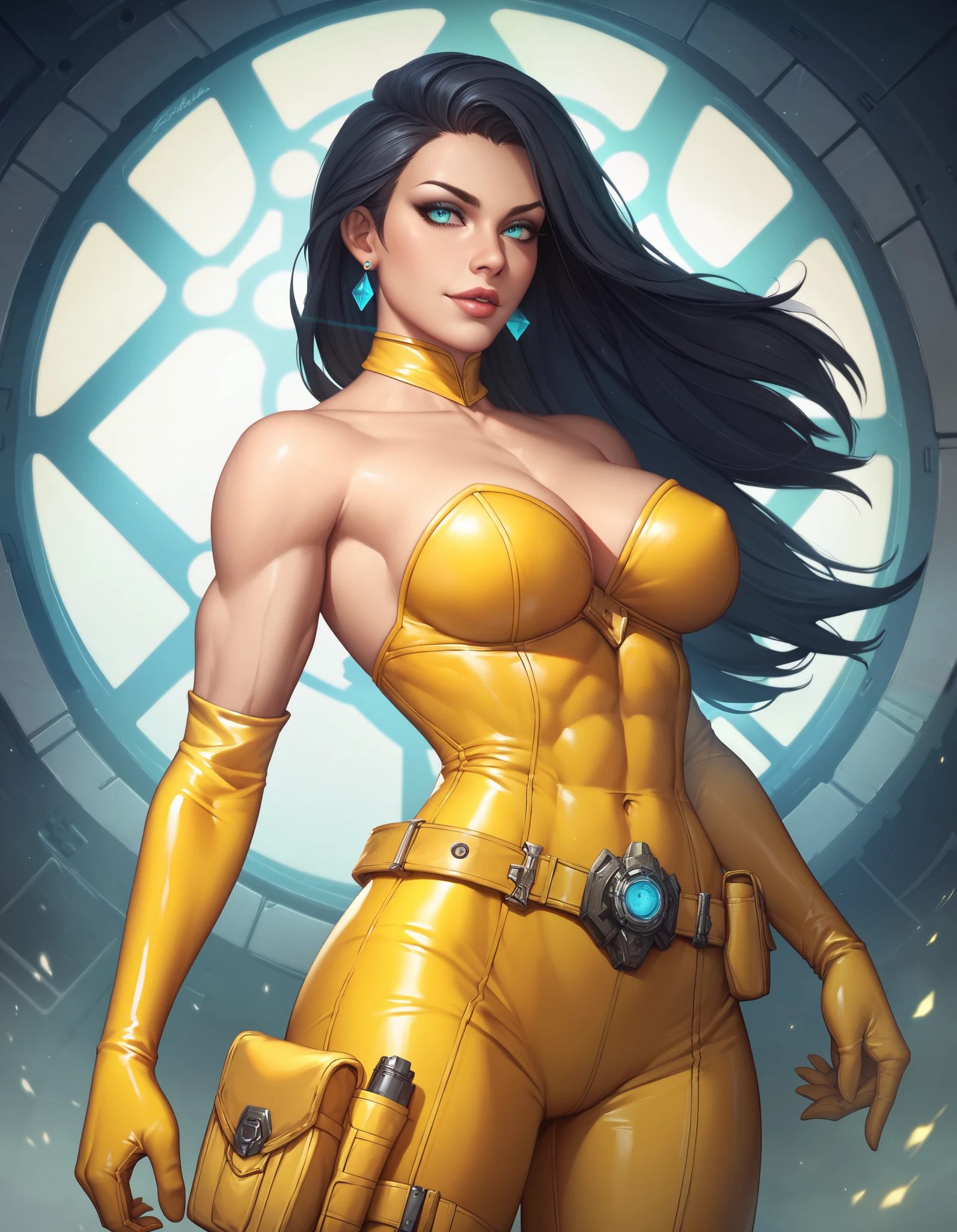 Best quality, 8k, vivid colors, best quality, 8k, woman, beautiful, big eyelashes, black straight long hair, bangs, looking to observer, little smile, cleavage,imperial soldier warrior,beige hi-tech armor over brown sheer nylon catsuit, static pose, white scenario