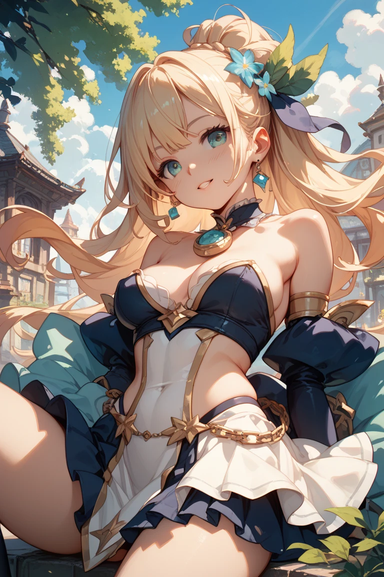 Masterpiece, Best Quality, Official Art, (Highly Detailed CG Unity 8k wallpaper), Detailed background, (Hands by Guido Daniele: 1.1), Feet out of frame, First person perspective, 1, Attractive and sexy woman, College girl, The wind blows, (((Flipping skirt, panties visible)))), (Curvaceous), ( White thighs: 1.12), (Blonde longhair: 1.12), (Ahoge (Blue eyes: 1.13), (High ponytail: 1.12), (Blue eyes: 1.13), look big, (cleavage), beautiful face, (blush: 1.11), (smile: 1.11)