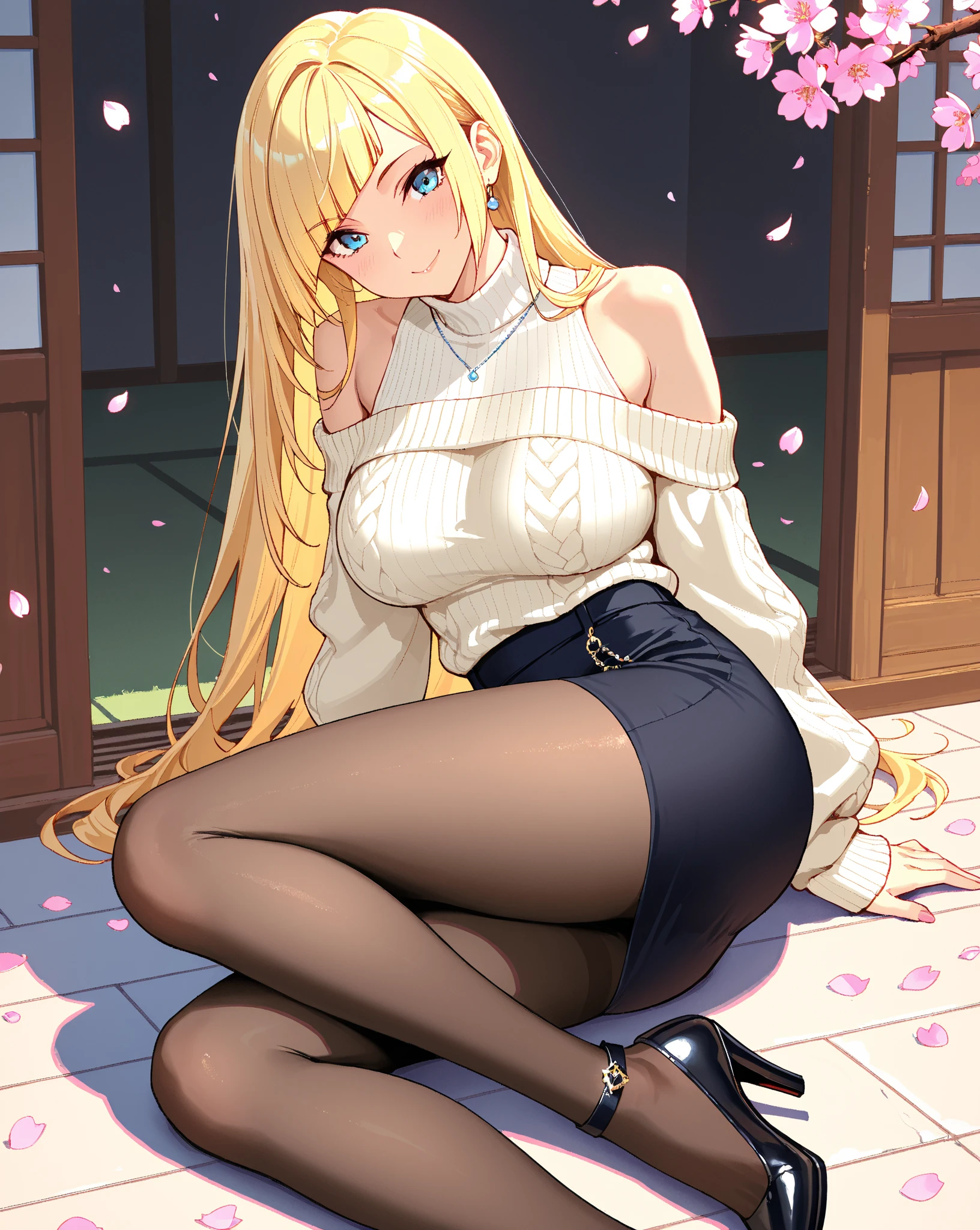 (((masterpiece))), MarinKitagawa, 1girl, solo, long hair, looking at viewer, blush, smile, open mouth, blonde hair, large breasts, red eyes, long sleeves, dress, cleavage, bare shoulders, jewelry, collarbone, pink hair, :d, pantyhose, cowboy shot, hairband, earrings, choker, indoors, off shoulder, nail polish, sweater, sleeves past wrists, black pantyhose, window, black choker, piercing, black hairband, plant, ear piercing, potted plant, off-shoulder sweater, red sweater, colored tips,