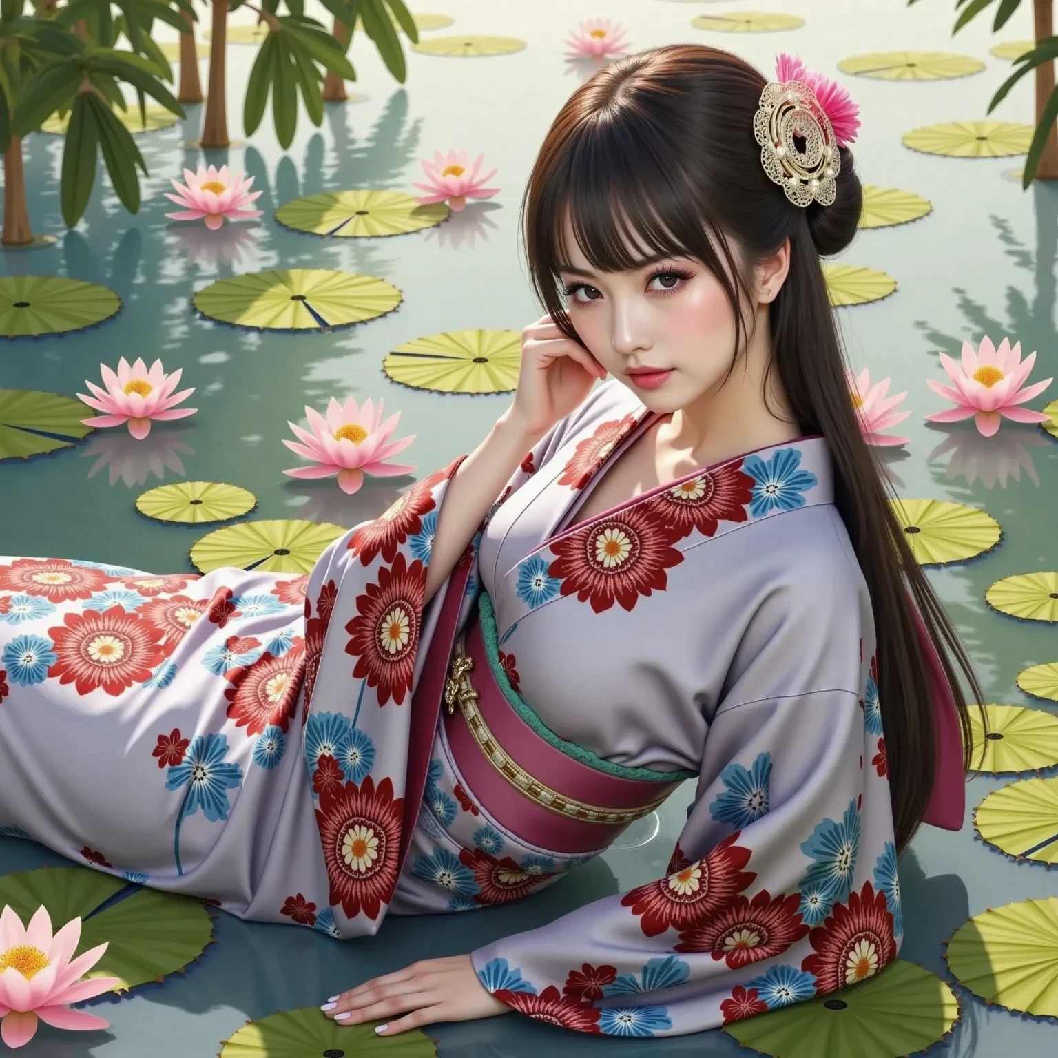 Beautifully detailed illustrations、Waterside with blooming water lilies、Japanese kimono woman、beautiful white skin、Glowing black eyes、moist lips、sunlight filtering through the trees、top quality、high image quality、masterpiece、4K、high definition、absurd、fluffy、bokeh