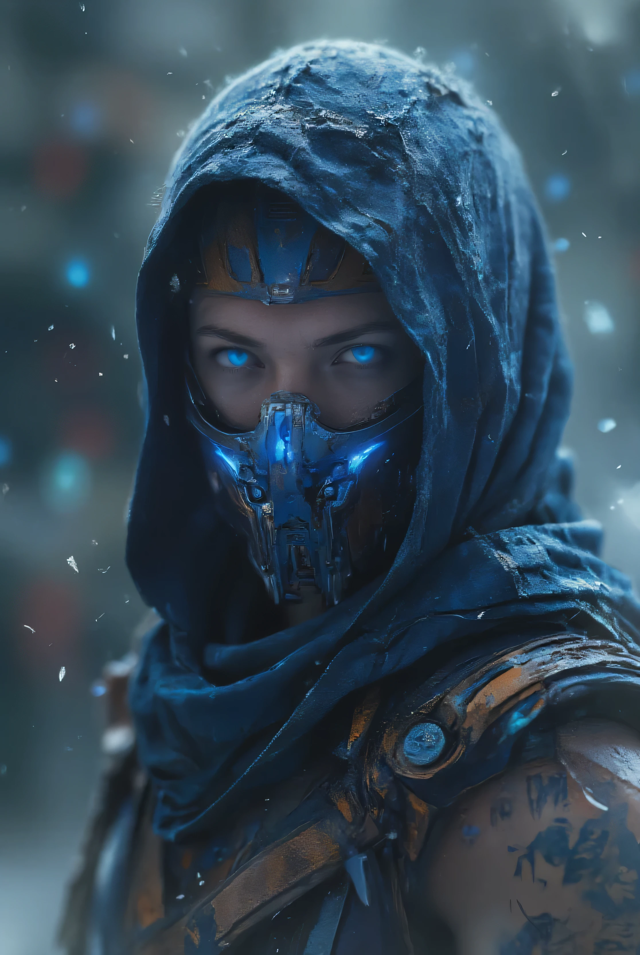 (mejor calidad, 128K,highres,Obra maestra:1.2),ultra-detallado,(realista,photorealista,photo-realista:1.37), ((Obra maestra)) ((fotografía)) ((más alta calidad)) Retrato de primer plano de un Sub-Zero postapocalíptico de Mortal Kombat, ultra-detallado and hyper-realista. Sus ojos azules helados brillan bajo su intrincada máscara ninja cibernética negra y azul, que tiene escarcha formándose a lo largo de los bordes, una sudadera con capucha azul . La textura de su armadura azul desgastada por la batalla está finamente detallada, con placas metálicas frías con sutiles grietas de hielo. Una niebla heladora se eleva desde sus hombros, realzando la atmósfera fría. Su expresión es intensa, con cicatrices cubiertas de escarcha apenas visibles en su piel expuesta. El fondo es oscuro, campo de batalla borroso con fragmentos de hielo flotantes, iluminada por un débil resplandor azul. iluminación cinematográfica, sombras dramáticas, y texturas ultra nítidas.