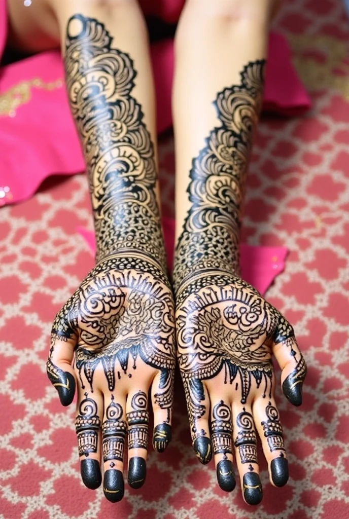 A woman with intricate henna tattoos on her hands and feet, traditional Indian attire, vibrant colors, detailed patterns, cultural aesthetic, intricate jewelry.
(masterpiece, award winning artwork)
many details, extreme detailed, full of details,
Wide range of colors, high Dynamic
<lora:add-detail-xl:1>
<lora:WildcardX-XL-Detail-Enhancer:0.9>
<lora:zavy-cntrst-sdxl:0.245> dark, chiaroscuro, low-key
<lora:RMSDXL_Creative:0.24>
<lora:dvr-lnds-sdxl:0.22> dvr-lnds-sdxl
