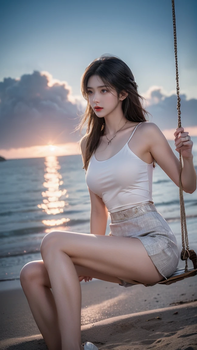 Beautiful woman wearing a blue sky and white mini dress with decorations on the shirt and visible shoulders and wearing boots and being photographed with a white background And And he was on the grass which was beautiful and filled with white flowers , Korean style swag, beautiful face so gorgeous, Beautiful eyes, y2k style