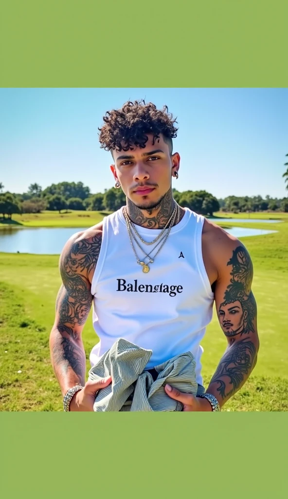 (masterpiece, intricately detailed, highest resolution, best quality:1.2), (doujin), a cocky Jordan_Torres Instagram influencer, buzz cut, a 36 y.o muscle dom with a muscular physique sitting on a chair with blue eyes,ntattoo, ((neckline_tattoo)), dark-skinned male, clean shaven, wearing a ((open jacket, big chains, chav, armbands)), ((excessive cum)) ((cum on body)) (cum drip), flaccid penis,saggy balls,hairy chest,vascular,muscle striations,soft light,fantastic realism, ((colth)), hdsrmr