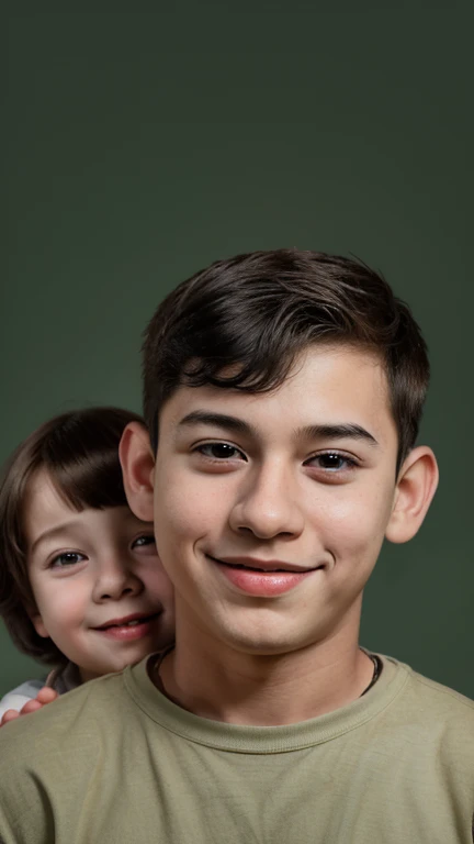 A 8 year boy, with tan skin, brown hair, red cheeks, and green eyes