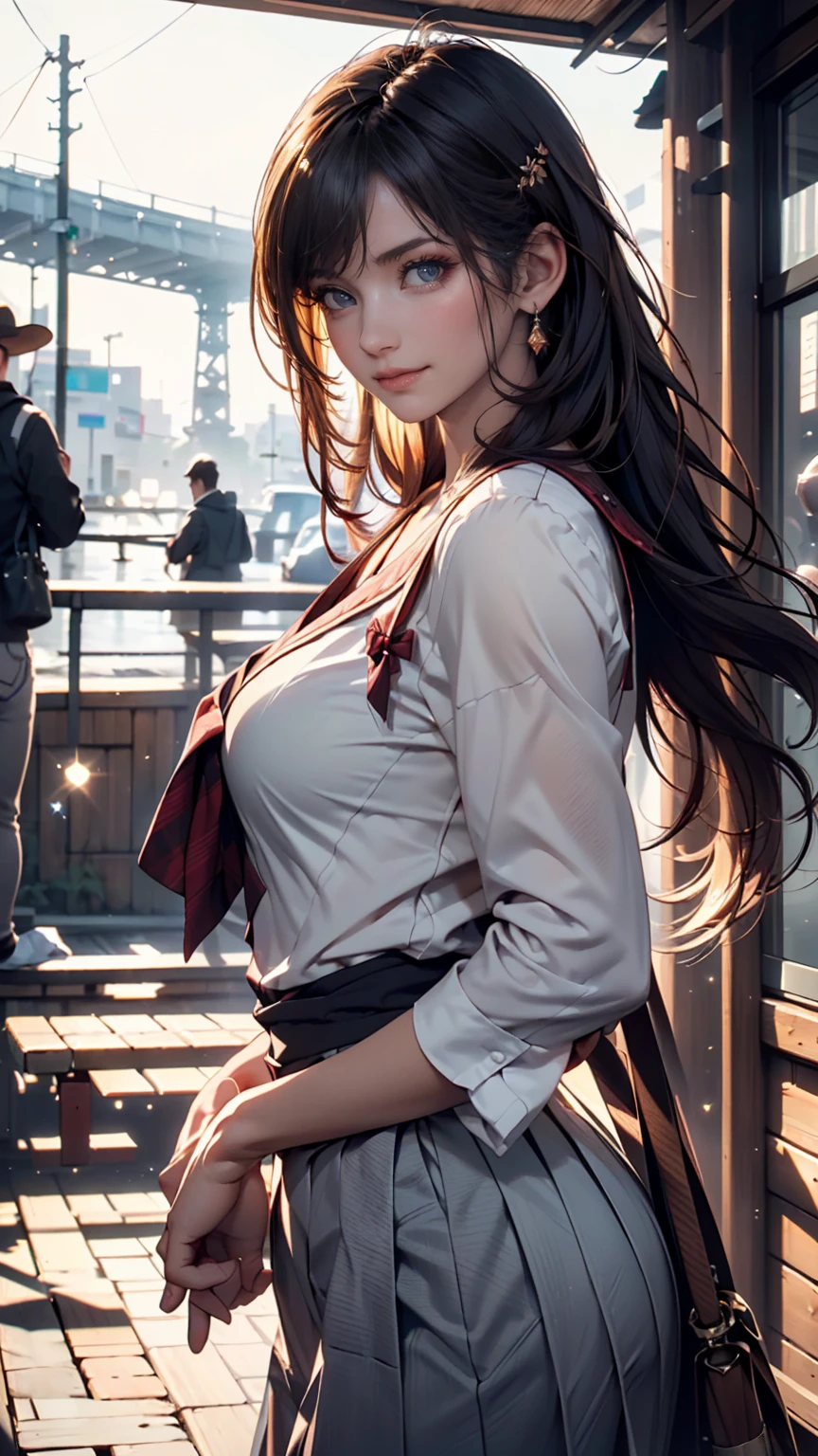24-year-old woman、Sexy proportions、Long eyelashes、24-year-old female、Sexy proportions、Sexy breasts、Narrow waist、Long eyelashes、Cleavage Emphasis、Split Ponytail((split ponytail))、Tie-front shirt((tie front shirt))、Garter skirt((garter skirt))、San Francisco, USA、Sea View Hill、blue sky、Sunshine
