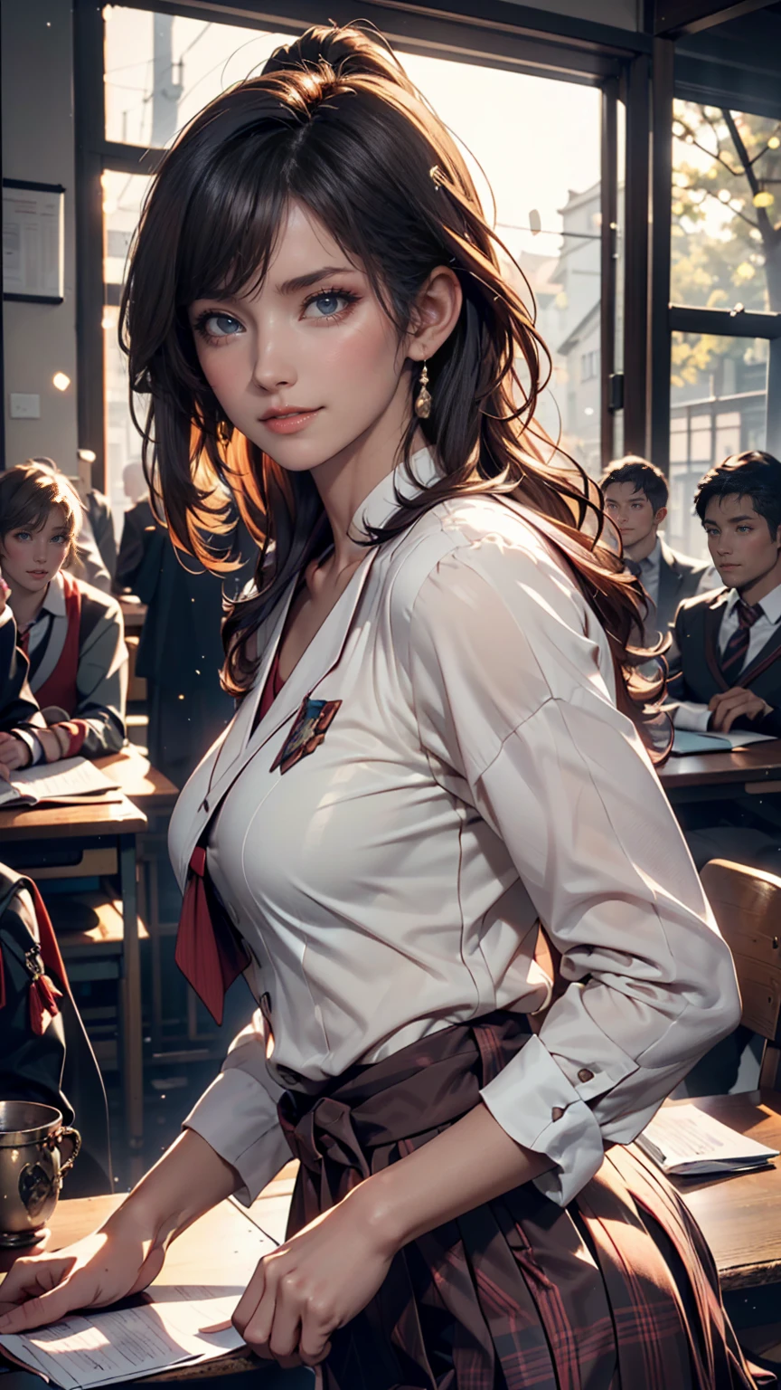 highest quality, masterpiece, Ultra-high resolution, (Reality: 1.4), Original photo, One girl, mature, White JK Uniform, Cinema Lighting、smile、comb