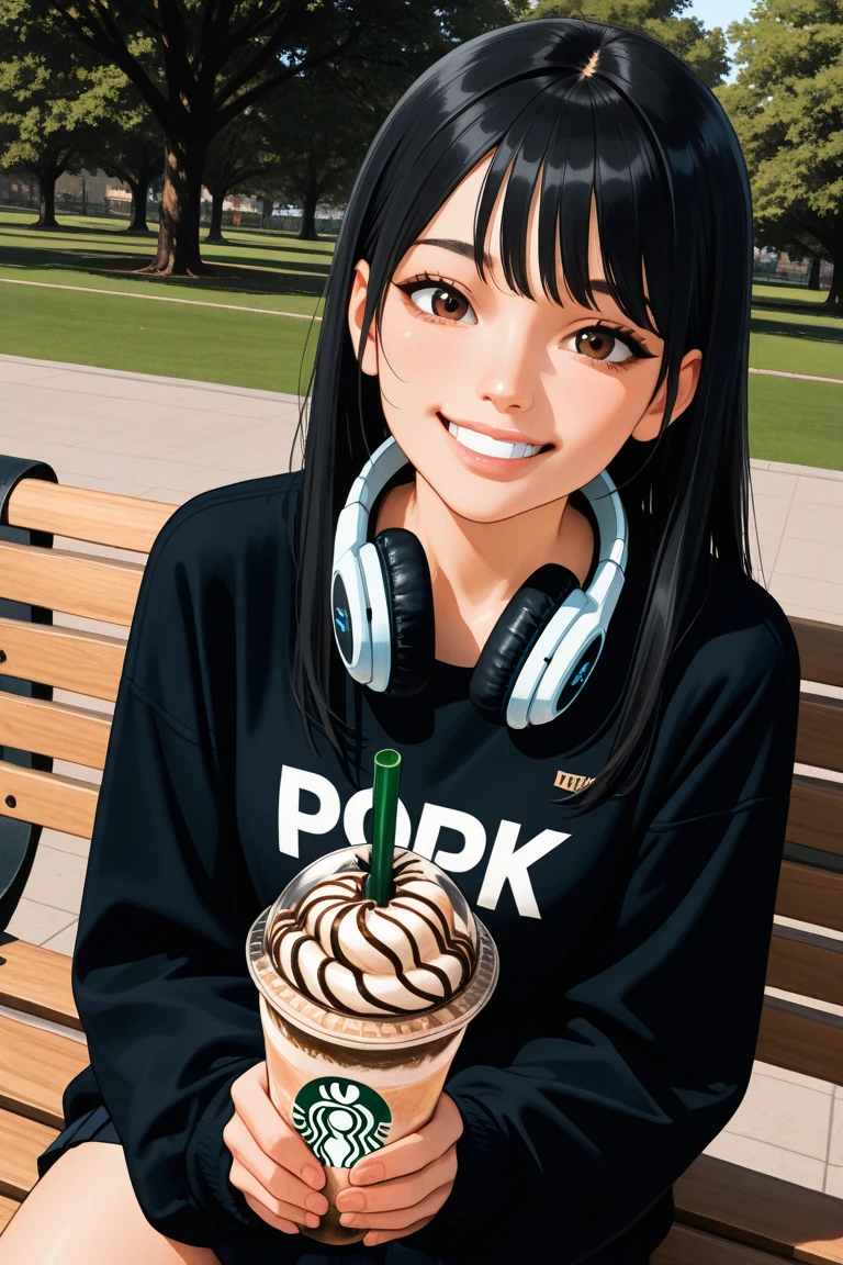 (RAW photo, best quality, masterpiece: 1.2), (photorealistic: 2), (Polish girl, 20 years old, black hair, Light grey eyes, short bob cut, hair in 7 thirds, hair over one ear, Symmetrical eyes, solo, Detailed Skin:1.1), Wearing a white oversized sweatshirt, dark grey pants, light blue and white Nike Jordans, a small pearl necklace, sitting Indian style on the grass, drinking a Starbucks latte from a clear cup with a green straw, side view, sunny, gel nails, smiling