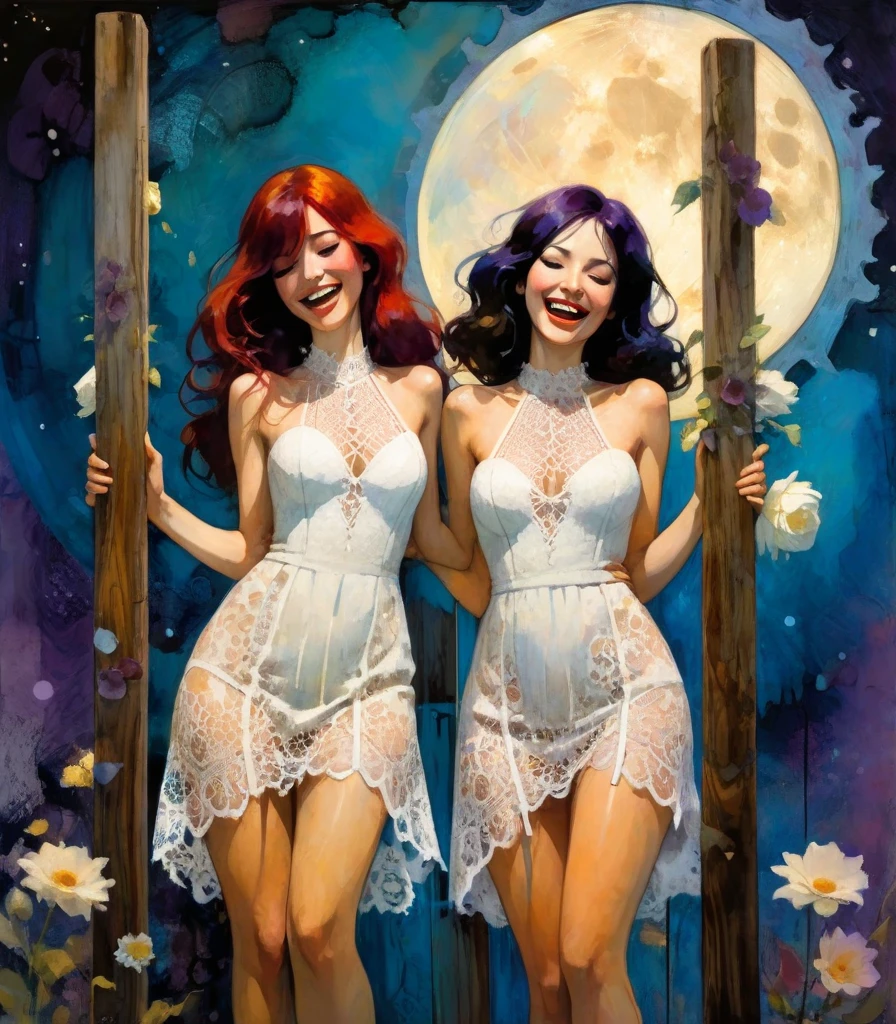 two sexy women in lace dresses celebrate and laugh, they carry flowers, we see them between four wooden posts, moon (art inspired by Bill Sienkiewicz, intricate details, oil painting)