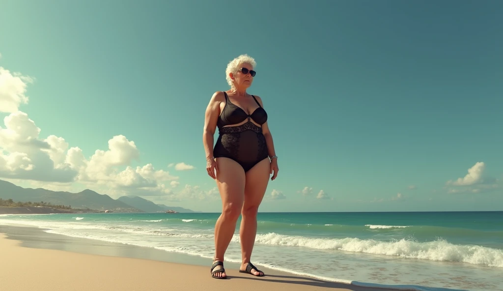A sweaty curvy Colombian mature lady dressed in bikini skating on miami beach street realistic 