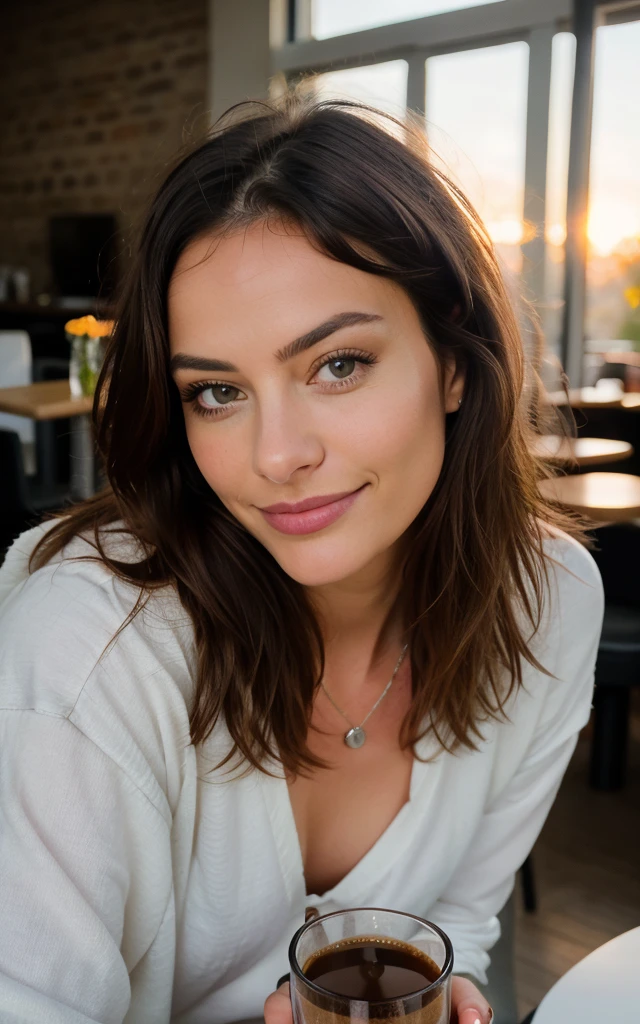 Belle brune portant un pull beige (dans un café moderne au coucher du soleil), très détaillée, 21 ans, visage innocent, cheveux ondulés naturels, yeux vert, résolution élevée, Chef-d'œuvre, meilleur qualité, détails complexes, très détaillé, mise au point nette, peau détaillée, texture de peau réaListe, texture, Yeux détaillés, professionnel, 4k, Sourire charmant, filmé en Canon, 85 millimètres, faible profondeur de champ, Couleur Kodak Vision, corps parfaitement ajusté, extrêmement détaillée, photographier_\(ultra\), photoréaListe, réaListe, Post-traitement, Un maximum de détails, rugosité, vie réelle, ultra réaListe, photoréalisme, photographie, 8k euh, photographie, épaule nue, très-petit décolleté, sans sous-vêtement, Sexy, flirte avec la caméra, regarde Sexy, regard directement la camera, visage dégagée, ne porte pas de sous vetements, téton visible sous tshirt, 
