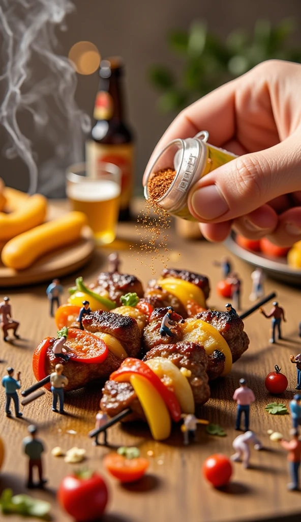 :Miniature landscape,A photograph of a whimsical miniature landscape features a skewer of grilled lamb kebabs. The lamb pieces are browned and glistening with oil, and bits of onion and bell pepper add color. There are tiny figurines of people around it. Some are holding the skewer, taking small bites with relish, their expressions satisfied. Some are standing beside, smelling the smoky, spicy scent and seemingly arguing about who makes the best lamb kebabs. A hand sprinkles a blend of cumin and chili powder from a tiny container over the kebabs, enhancing the flavor. The background showcases a softly blurred skewer of lamb kebabs and miniature bottles of cold beer, all set on a rustic wooden table that gives off a warm, street-food-style atmosphere. Tempting lamb kebab scene, popular grilled snack, alluring tiny world charm.