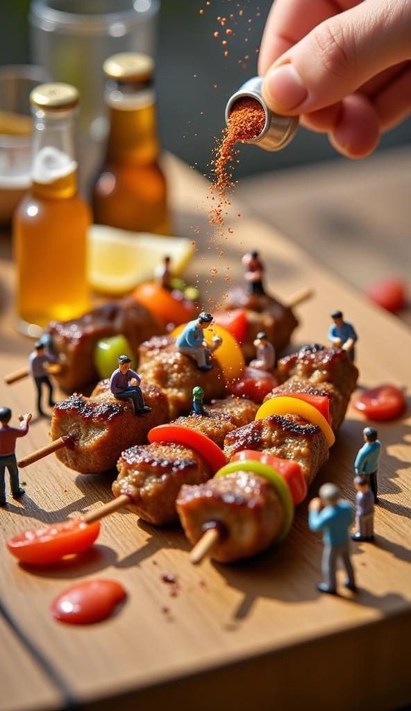 :Miniature landscape,A photograph of a whimsical miniature landscape features a skewer of grilled lamb kebabs. The lamb pieces are browned and glistening with oil, and bits of onion and bell pepper add color. There are tiny figurines of people around it. Some are holding the skewer, taking small bites with relish, their expressions satisfied. Some are standing beside, smelling the smoky, spicy scent and seemingly arguing about who makes the best lamb kebabs. A hand sprinkles a blend of cumin and chili powder from a tiny container over the kebabs, enhancing the flavor. The background showcases a softly blurred skewer of lamb kebabs and miniature bottles of cold beer, all set on a rustic wooden table that gives off a warm, street-food-style atmosphere. Tempting lamb kebab scene, popular grilled snack, alluring tiny world charm.