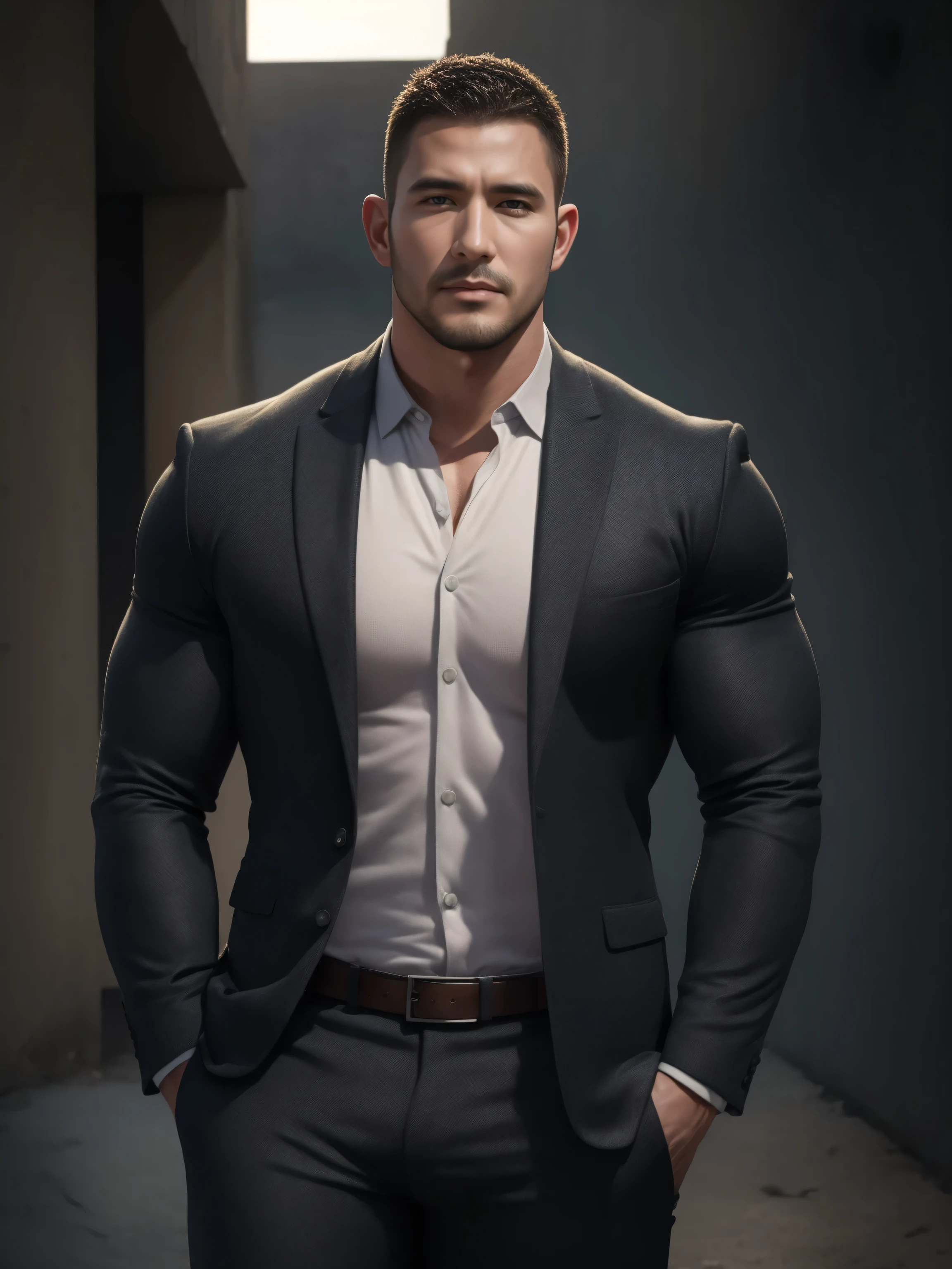 两个 muscular男人深情拥抱着, VERY STRONG ,Square shoulders ,Buzz Cut,Buzz Cut,ruins in an abandoned city in the open, 他背靠着脏污的墙壁, He is wearing a high-class luxury business suit jacket, and wears high neck, long sleeve, tight t-shirts with gray modal fabric texture, He has a sad expression, Lift your chin, American round inch , thick thighs , Very tight, Regular symmetrical pattern, big goalslight muscles, high end western pants , character concept (Buzz Cut Chris Redfield) proud expression, deep and charming eyes, Heroic male pose , tall Burly, muscular! muscular thighs, Tough Guy, perfect facial features , big goals, Burly, Heqiang, Super exquisite and cool, big goals Resolution Committee, Extraordinary Charm , The sun is strong, Dazzling