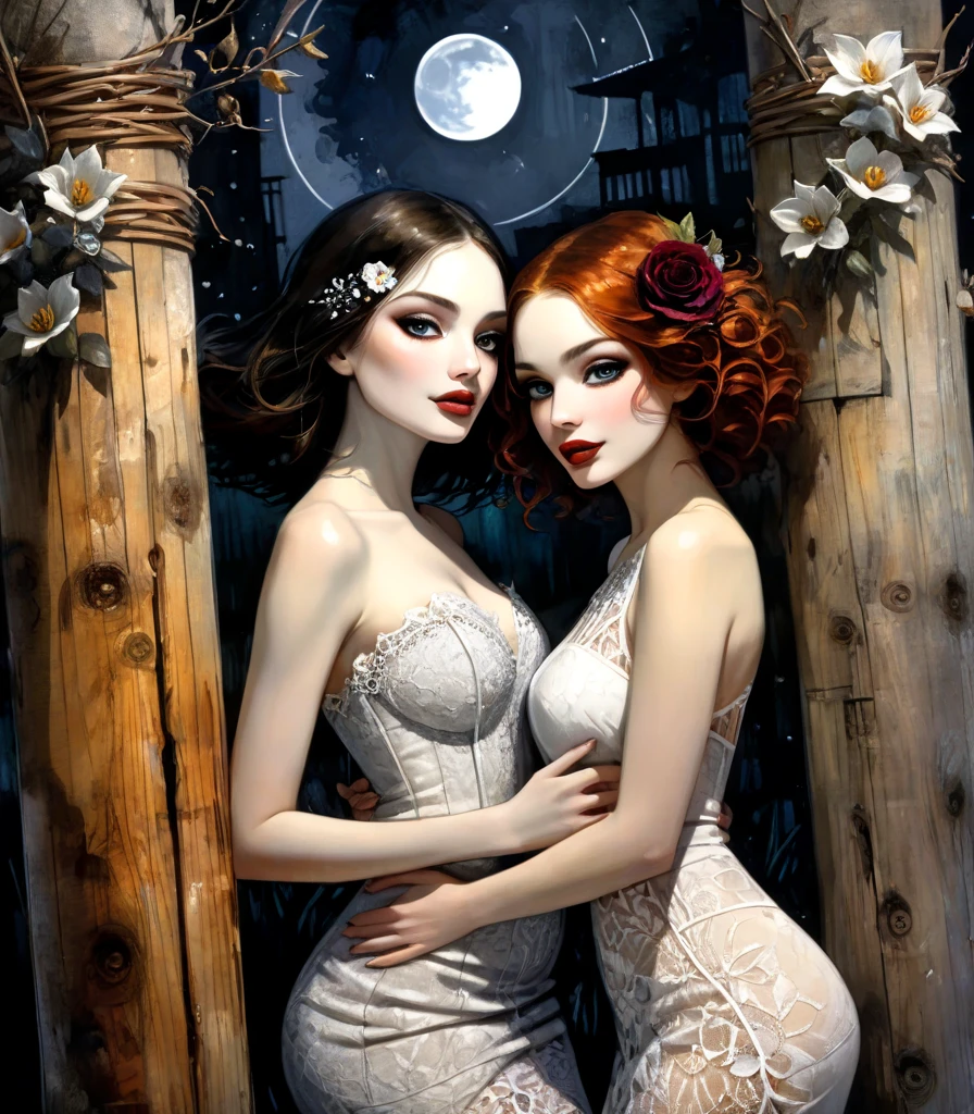 two sexy women in lace dresses celebrate and laugh, they carry flowers, we see them between four wooden posts, moon (art inspired by Bill Sienkiewicz, intricate details, oil painting)

