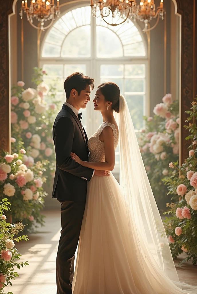 Japanese couple dancing a waltz in a palace 5 pairs big eyes beautiful woman Women's hairstyle is up style 男性はwhite髪混じりの短髪 55 year old couple men wear tuxedos women wear long dresses The color of the dress is pink yellow white smile 肌の色はwhiteい slender body shape