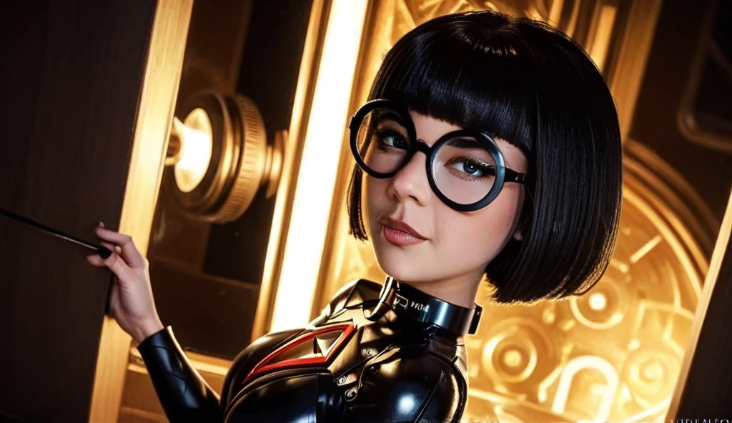 Ultra-realistic mid-shot of Edna Mode with huge breasts standing with absolute confidence in her private superhero suit vault. Her short, black bob frames her face perfectly, and her large, round black glasses gleam under the studio's sophisticated lighting. She wears a sleek, high-fashion black dress with a structured, futuristic design, accented by bold red detailing at the collar and cuffs. Her short frame is unbothered by her height—her commanding presence and piercing gaze are enough to intimidate even the greatest of heroes. She holds a sleek, redesigned superhero suit in one hand, gesturing dramatically with the other as if explaining the brilliance of her creation. Behind her, futuristic mannequin displays showcase various suit designs, illuminated by soft golden lights. The camera angle is a medium close-up, slightly low to emphasize her undeniable power and legendary status.