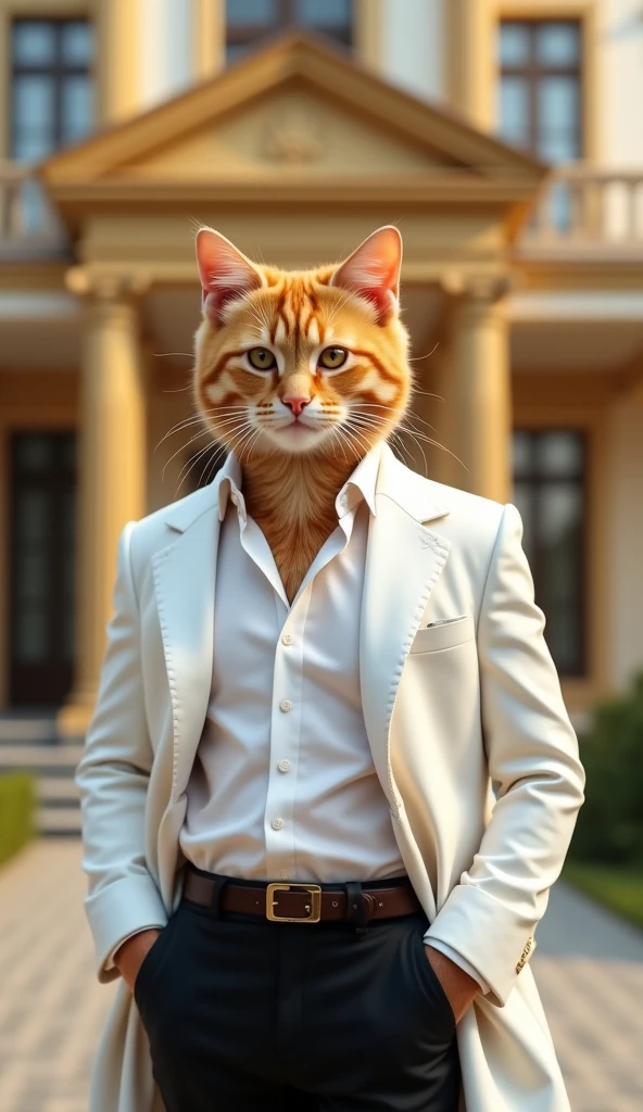 The orange kitten, now successful and rich, wearing a clean, stylish white shirt, a white coat, and black pants, standing in front of a golden house, looking confident and proud