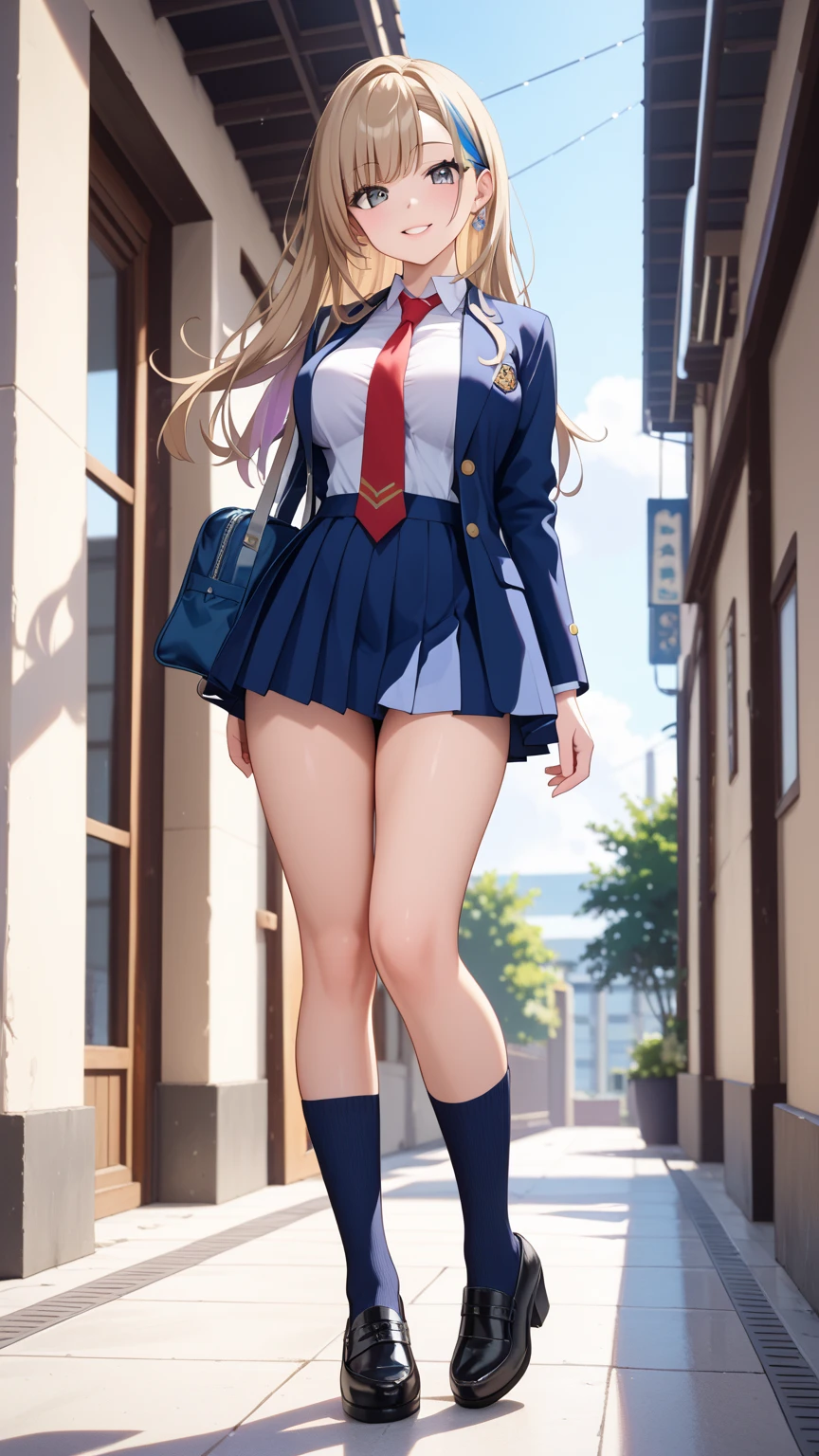 (masterpiece、highest quality、High resolution、realistic pictures、real looking skin:1.1)、
(There is one high school girl:1.5)、
(The woman lifts her skirt with both hands and reveals her panties.々I&#39;m showing it to:1.8)、
(Blonde short ponytail:1.5)、
(standing:1.5)、
(Shy but grinning smile:1.8)、
(I am wearing a navy blue blazer, which is my high .:1.8)、
(She is wearing the gray miniskirt of her high .:1.8)、
(Both feet are wearing black loafers:1.8)、
(Both feet are wearing navy blue high socks.:1.8)、
(The socks are the same color and length for both feet.:1.8)、
(fancy purple panties:1.5)、
(two arms:1.5)、
(2 legs:1.5)、
(The location is the high school courtyard.:1.2)、
1 Japanese girl、solo、full body esbian、beautiful eyes、shining eyes、NSFW
