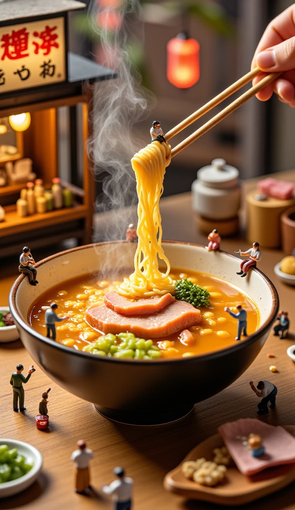 A meticulously crafted miniature world where tiny figurines interact with an oversized, steaming bowl of authentic Japanese ramen. The glossy ceramic bowl is filled with rich, golden broth, reflecting the soft glow of ambient lantern light. Delicate strands of noodles are lifted by miniature wooden chopsticks, held up by tiny chefs carefully plating the dish with artistic precision. One chef, standing on a small wooden ladder, sprinkles sesame seeds from a miniature spice jar, while another carefully slices fresh green onions with a tiny cleaver on a matchstick-sized cutting board.

In the foreground, a group of tiny diners sits on upturned soy sauce bottle caps, eagerly awaiting their meal. Some are engaged in lively conversation, while one figurine leans forward, inhaling the fragrant steam rising from the bowl. A miniature server, dressed in a tiny apron, carries an oversized slice of marinated chashu pork on a wooden paddle, balancing the heavy cut of meat with great effort.

The background showcases a cozy street-food ambiance, complete with a tiny ramen cart adorned with a glowing red paper lantern, casting a warm hue over the scene. Miniature banners with Japanese calligraphy flutter gently, as if swayed by a soft night breeze. Tiny wooden crates hold stacks of soy sauce bottles and condiment jars, adding an extra layer of realism. The entire setting is placed on a rustic wooden table, textured with natural grain, enhancing the handcrafted charm. The fusion of ultra-realistic food textures and a playful, dreamlike miniature storytelling style creates an irresistibly captivating scene, blending gourmet artistry with whimsical fantasy.