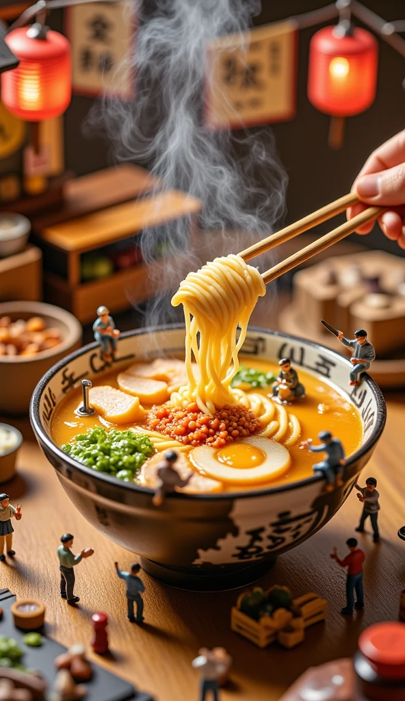 A meticulously crafted miniature world where tiny figurines interact with an oversized, steaming bowl of authentic Japanese ramen. The glossy ceramic bowl is filled with rich, golden broth, reflecting the soft glow of ambient lantern light. Delicate strands of noodles are lifted by miniature wooden chopsticks, held up by tiny chefs carefully plating the dish with artistic precision. One chef, standing on a small wooden ladder, sprinkles sesame seeds from a miniature spice jar, while another carefully slices fresh green onions with a tiny cleaver on a matchstick-sized cutting board.

In the foreground, a group of tiny diners sits on upturned soy sauce bottle caps, eagerly awaiting their meal. Some are engaged in lively conversation, while one figurine leans forward, inhaling the fragrant steam rising from the bowl. A miniature server, dressed in a tiny apron, carries an oversized slice of marinated chashu pork on a wooden paddle, balancing the heavy cut of meat with great effort.

The background showcases a cozy street-food ambiance, complete with a tiny ramen cart adorned with a glowing red paper lantern, casting a warm hue over the scene. Miniature banners with Japanese calligraphy flutter gently, as if swayed by a soft night breeze. Tiny wooden crates hold stacks of soy sauce bottles and condiment jars, adding an extra layer of realism. The entire setting is placed on a rustic wooden table, textured with natural grain, enhancing the handcrafted charm. The fusion of ultra-realistic food textures and a playful, dreamlike miniature storytelling style creates an irresistibly captivating scene, blending gourmet artistry with whimsical fantasy.