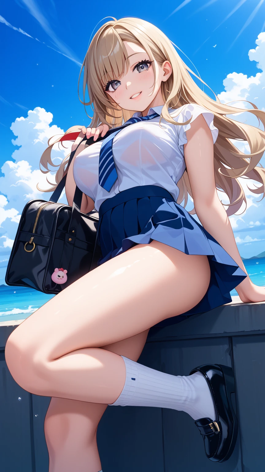 16K、Cute junior high school student showing off her white panties、(From below:1.5)、Squat、Pee leak、Urine leaks and puddles form on the ground、A revealing white school uniform