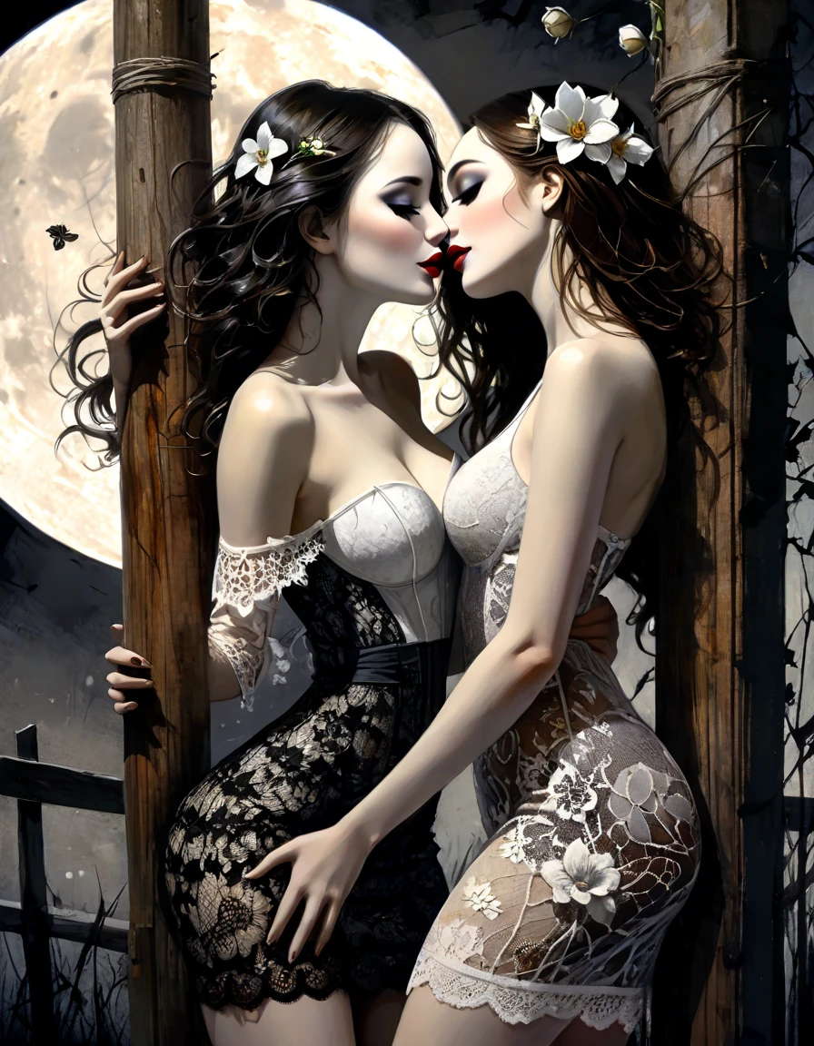 two girls, lesbianism, magic, โจ๐ค๐๐ค๐๐๐๐โจ๐ฉโ๐ฉโ๐ฆโ๐ฆsex sex sex โจโจ โ ๐๐โค eroticism, sexy lace dress,fantastic, night sky, moon, stars, background, , eroticism, sexy, black and white image, between shadows, oil painting, chiaroscuro, sensual, dramatic lighting, moody atmosphere, photorealistic, intricate details, masterpiece, ultra-detailed, high quality, 8k, best quality, realistic, cinematic, dark and brooding, expressionistic, powerful composition, emotional impact, Bill Sienkiewicz inspired art
