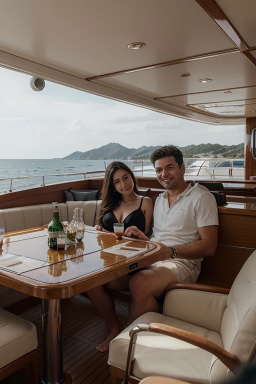 they are sitting on the deck of a boat together, on a yacht at sea, on a boat, having a great time, on the bow, on a super yacht, on the ocean, 26 year old man on a sailboat, on the sea, relaxing on a yacht at sea, tyler edlin and natasha tan, jenna barton, by Maggie Hamilton
