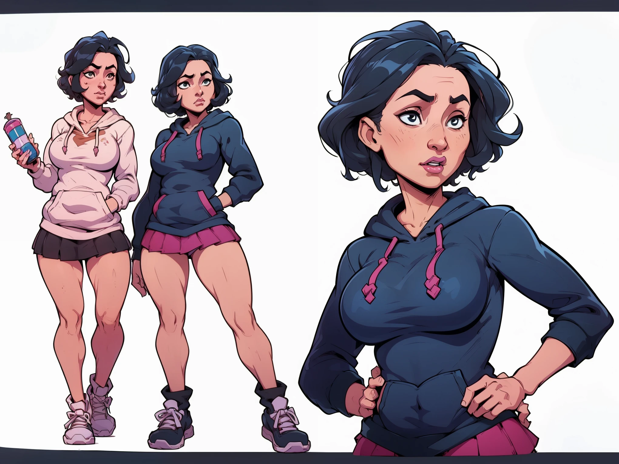 mari, wide hips, black hair, 1girl, cms, (longer wavy haircut, curly hair), k4r3nh41r, exaggerated inflated legs, 4k, highly details, (((tiny breasts))), ((wearing a casual loose hoodie and short skirt)), sensual, 4k, highly detailed face, perfect skin, detailed face, focus on eyes, anatomically correct, ((((reference sheet, simple white background, (multiple views), (full body), dynamic pose,,))))