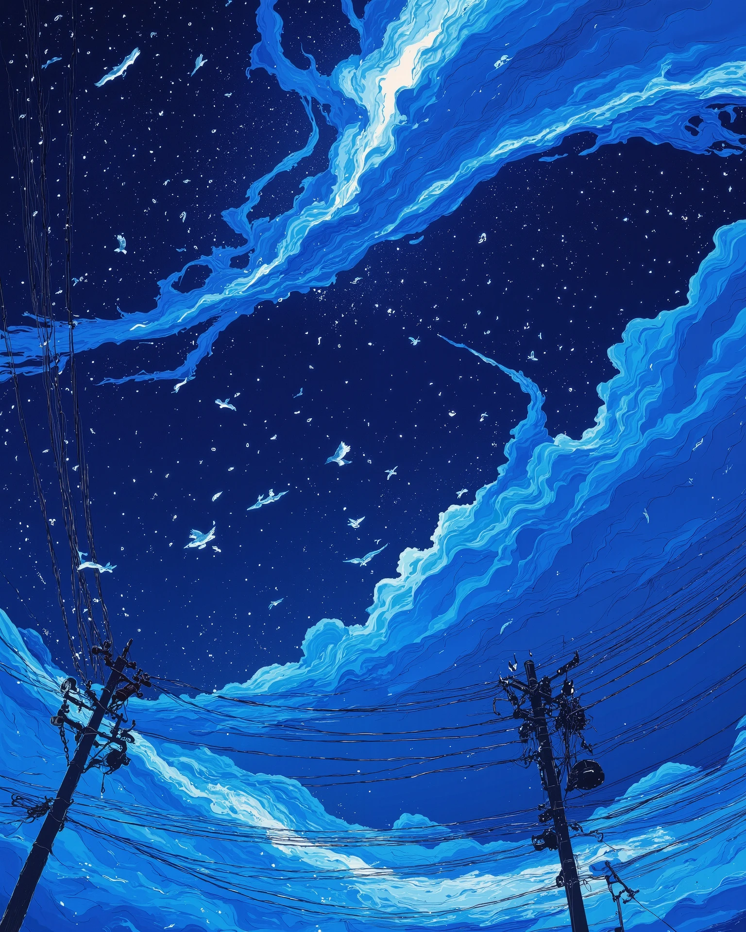A night sky filled with countless stars and scattered clouds, deep blue hues blending with hints of cosmic glow. Silhouettes of tall electrical poles and power lines stretch across the frame, adding depth and contrast. A few birds fly in the distance, their dark forms blending seamlessly into the vast sky. The scene feels calm yet mysterious, capturing the essence of a peaceful urban night."