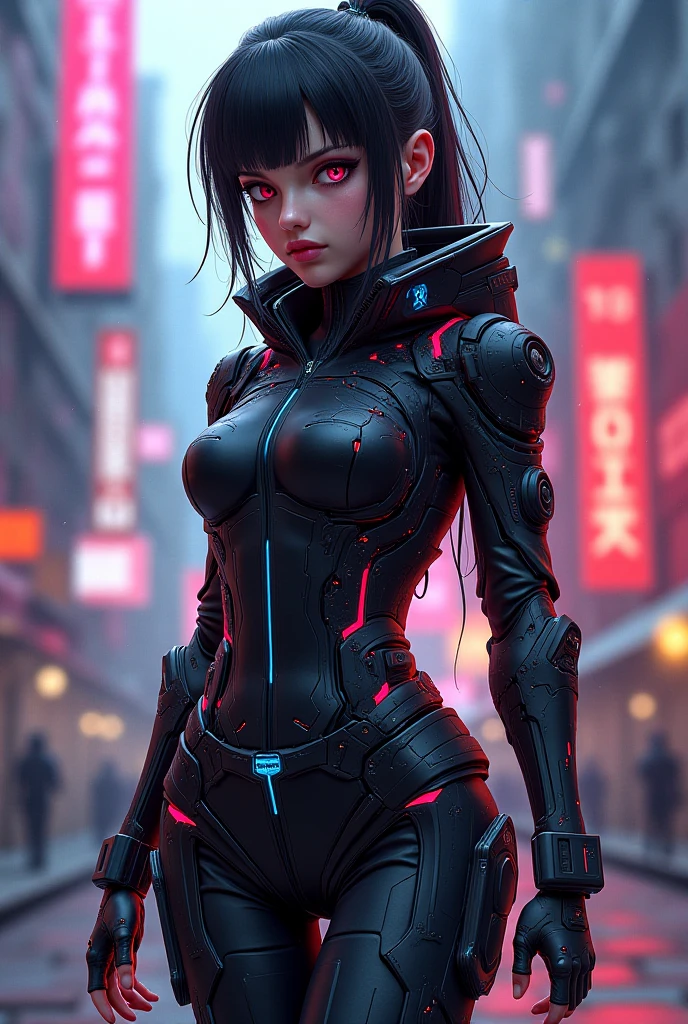 "Fantastic cyberpunk post-apocalyptic style. Lonely beautiful cyborg girl looking at the camera. The camera films her from below and slightly to the right. She is wearing a black android suit with cleavage, decorated with small red details. The girl is the main object in the image. Red flashes and lights are visible on a dark background, creating an atmosphere of slight sadness. The main colors of the image are black and red."