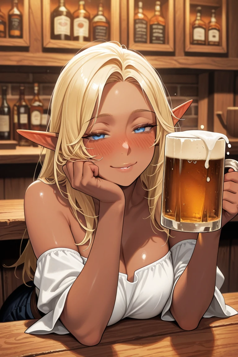 masterpiece, high quality, 1_woman, ((upper body)), ((sitting)), sitting in chair, (exotic skin_complexion:1.4), mature, (looking away from the viewer), (pouting face), tall, beautiful, exotic, with long elf ears, long hair, silver hair, detailed face, having diamond shaped eyes, blue eyes, (dark_eyeliner), long_eyelashes medium_bust, wearing Steampunk corset, chest window, (brown shorts), crossing belts, (goggles on head), long fingerless_gloves, belts with metal gears, black thigh highs with embroidery, knee boots with laces, dynamic lighting casts detailed shadow, riverside village, cafe, beer mug, mountains in distance, sunny day,