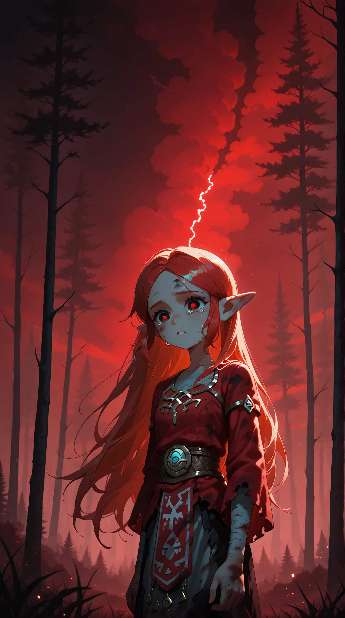 (1 zombie girl in swimsuit , zombie, long hair with pigtails, very thin, white dead eyes, dirty skin, bruises, hair tiara, beaufiful necklace, long earrings, slim, slim body, elf ears) in the middle of forest far away there is triangular metal door with indentations of a huge abandoned spaceship entrance in the night