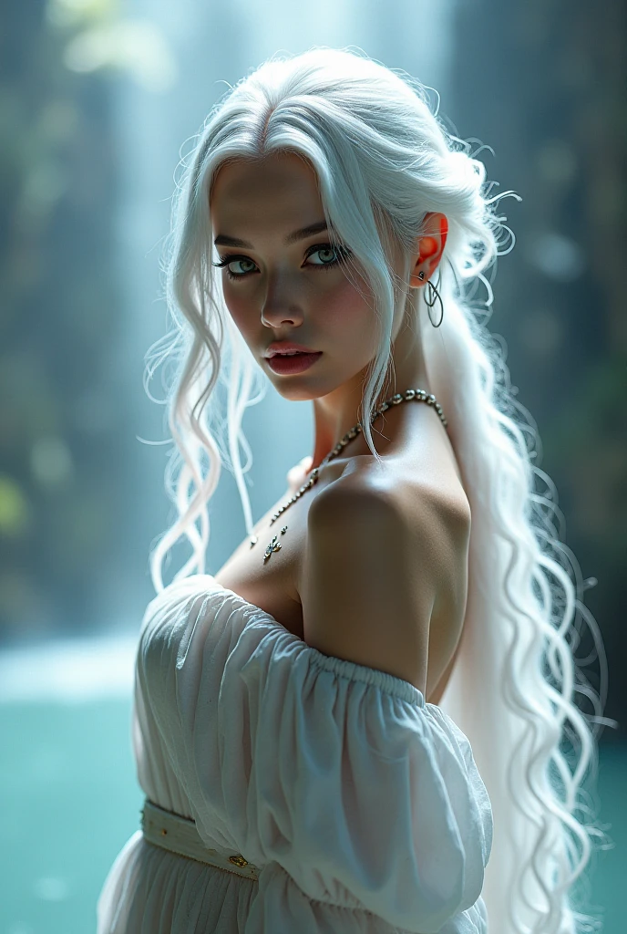 Man wolf motif straight hair long hair wolf cut blue silver hair beautiful golden slanted eyes elegant pajamas shining in candlelight