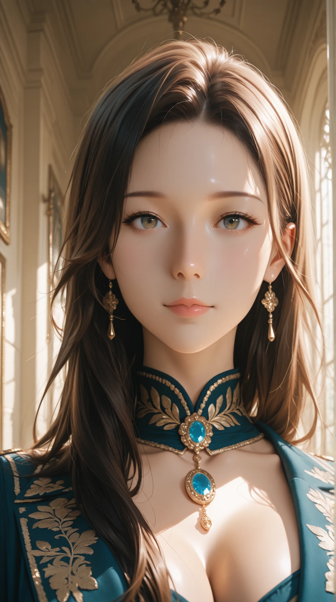 (realistic:1.3), finely, quality, rembrandt lighting, (masterpiece:1.2), (photorealistic:1.2), (best quality), (fine skin:1.3), (intricate details), dramatic, ray tracing, 1 girl, japanese girl, 21 years old, fine skin texture, (blush:0.5), (I get goosebumps:0.5), scattered below the surface, smile, medium breasts, (big hair, mega twin drill:1.2), bangs, hair between eyes, Clothes, cowboy shot, (bright sunny day), 
