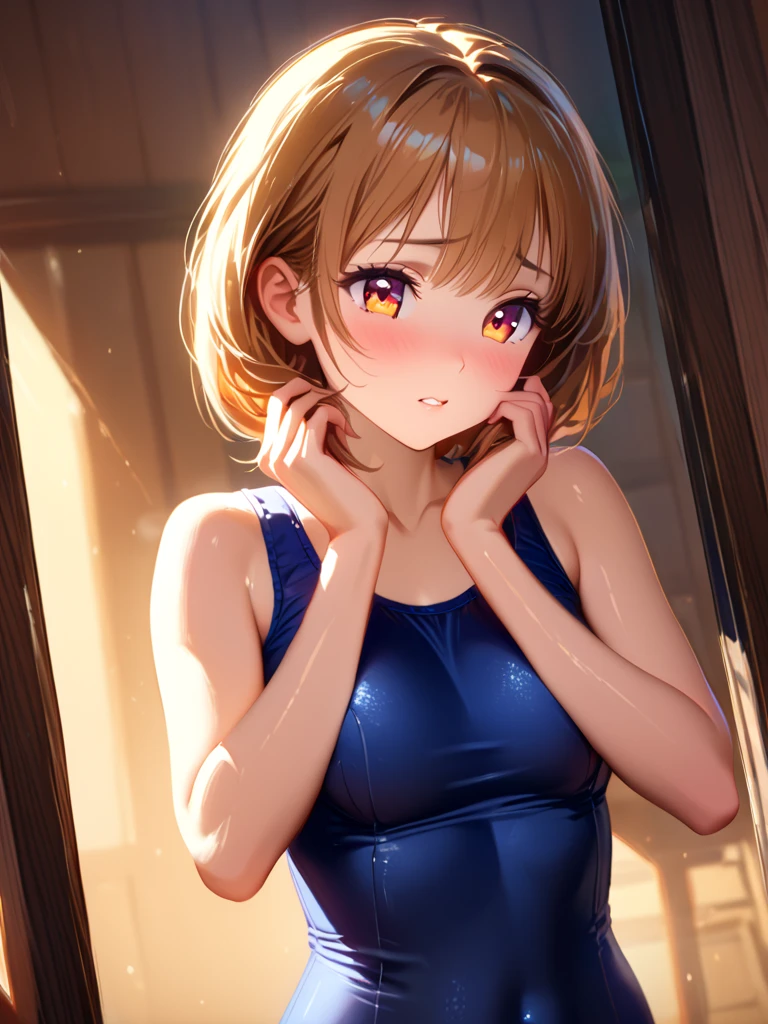 masterpiece, best quality,anime style, 1 girl,(((slender body))), (((small eyes,small breast))),(((cheerleader uniform))), (beautiful face), (((short hair))), (((straight hair))), ((((blonde hair)))),detailed beautiful skin, (perfect hands, perfect anatomy),scream