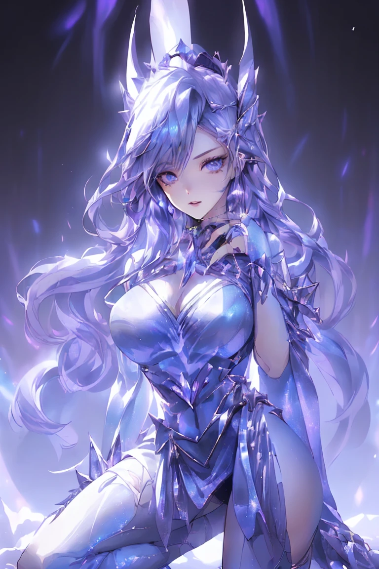High resolution, masterpiece, Highest quality, Textured skin, Syndra（League of Legends）、Whole body shot、Floating in the air、Splash art style、angel、White as the base color、The magic of thunder、Control the 3 magical spheres that fly around Syndra、Spheres in the shape of ice crystals、Heterochromia of the iris、Odd Eye、Ecstatic expression、Purple Hair、Inner hair color light blue、Gradient color hairstyle、thunder blade skin、Silver World、Fantasy、Ice crystals、thunder dress、Full body thunder armor、Wear warm clothes、Small breasts、thunder、electrification、Superconductivity、Ice thunder
