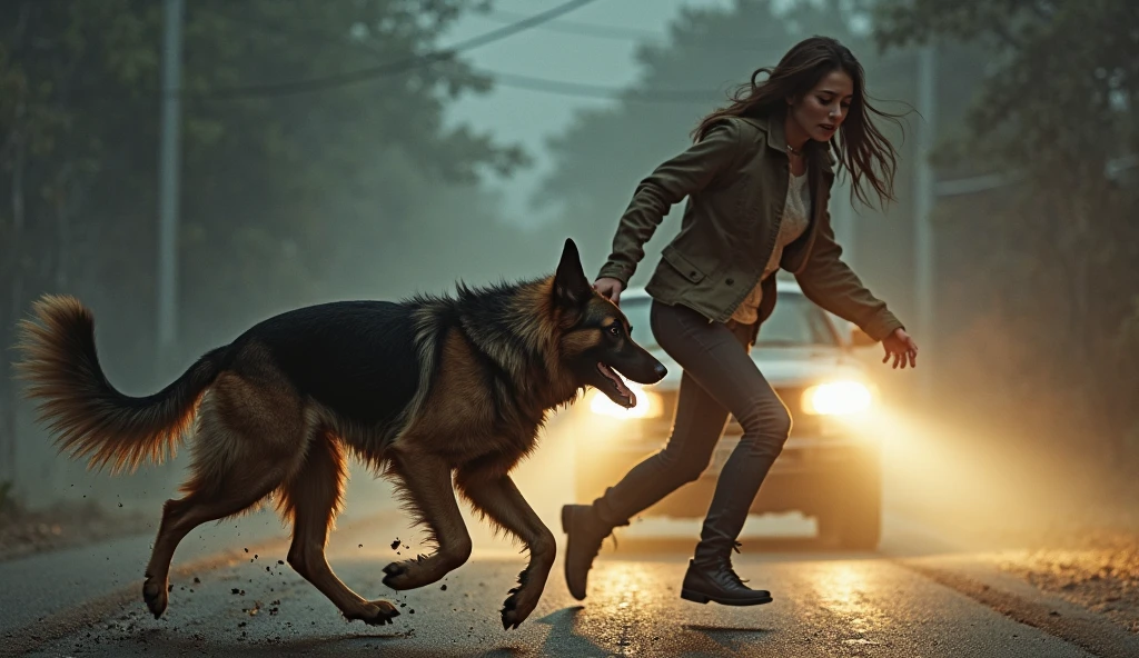 Naked girl wearing only a short white shirt, jumping over a wall and running away from a big black dog