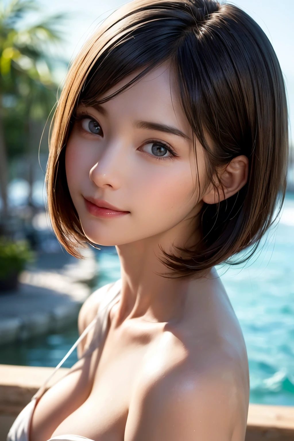 Photoreal、Masseter muscle part、highest quality、High resolution、RAW photo、realistic、bright lighting、face light、smooth professional lighting、alone、japanese woman、Half beauty、adult woman、Beautiful woman、modeled、gravure、sexy、super beautiful、realistic skin、realistic face、beautiful eyes、Big eyes、brown eyes、Inconspicuous tear bags、slim、medium big breasts、short hair、brunette colored hair、looking at camera、fun、Happy、micro bikini、